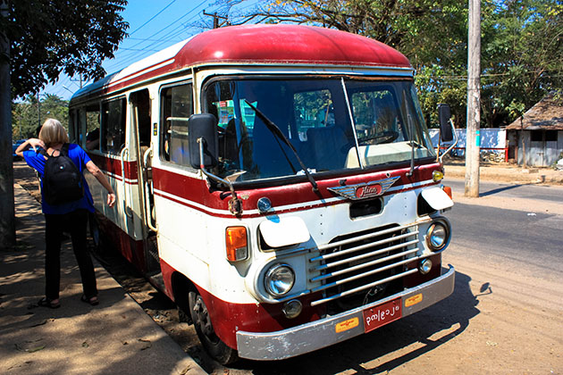Old red and white bus in Yangon Myanmar