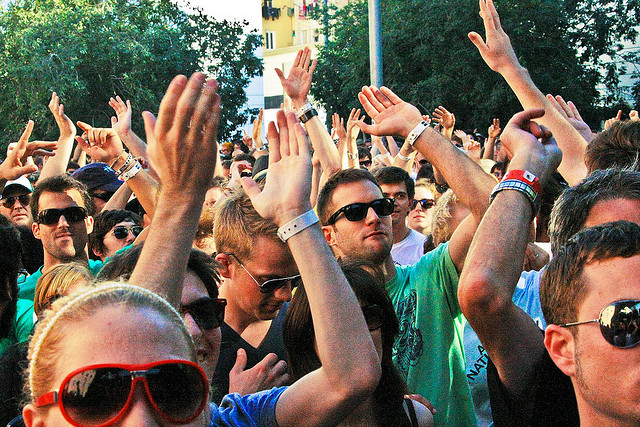 People dancing on the street at the Sonar Festival in Barcelona