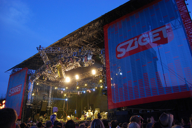 Photo of the stage with huge signs that read 'Sziget' at this festival.